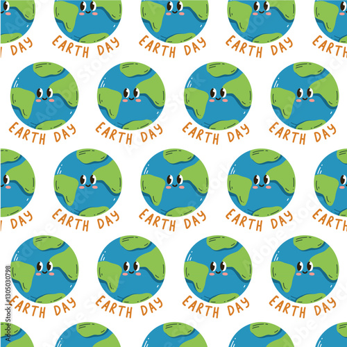Vector seamless pattern of the Earth. A backdrop replicating Earth day, with the sweet smiling planet kawaii. Eco-friendly digital paper with a globe and a forest. Ecological design for wallpaper, tex