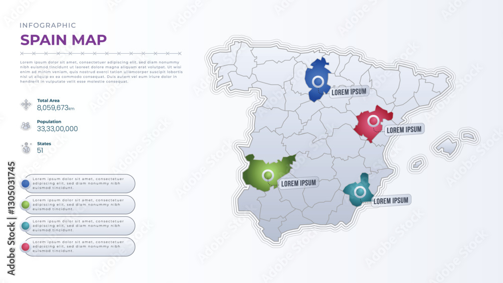 Naklejka premium Total Area, Papulation, States & More Detailed Infographic Map of Spain. Spain country map infographic colored vector template with regions and pointer marks.