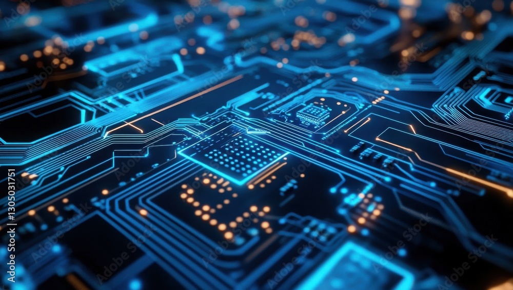 Intricate Circuit Board Close-up with Glowing Blue Lines and Electronic Components for Technology and Innovation Themes Intricate Circuit Board Close-up with Glowing Blue Lines and Electronic Components for Technology and Innovation Themes
