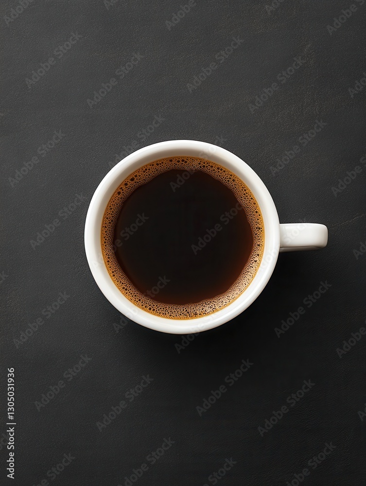 Aerial view of invigorating dark coffee in a white ceramic cup on a sleek black surface for a minimalist aesthetic and morning ritual Aerial view of invigorating dark coffee in a white ceramic cup on a sleek black surface for a minimalist aesthetic and morning ritual