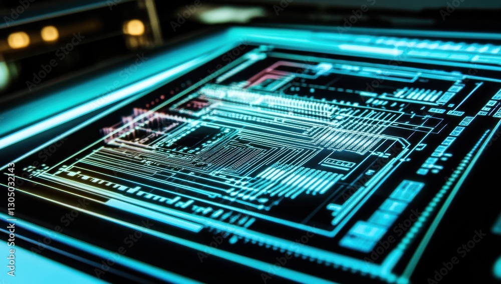 Intricate Circuit Board Design Displayed on a Digital Screen with Vibrant Colors and Modern Technology Elements in a Futuristic Setting Intricate Circuit Board Design Displayed on a Digital Screen with Vibrant Colors and Modern Technology Elements in a Futuristic Setting