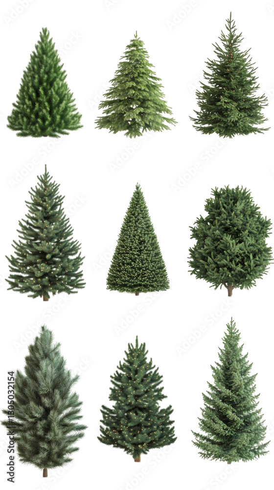Obraz premium Christmas trees collection with transparent background, ideal for festive design and decorative holiday graphics