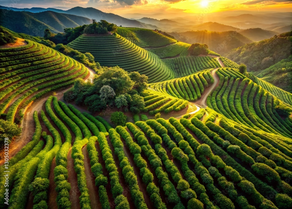 Fototapeta premium Aerial View of Lush Green Coffee Plantation Rows, Scenic Landscape