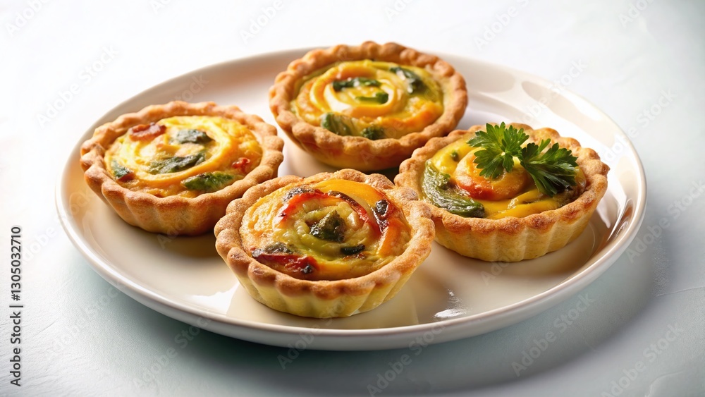 Aerial View of Mini Quiches on White Plate – Delicious Homemade Pastry Aerial View of Mini Quiches on White Plate – Delicious Homemade Pastry