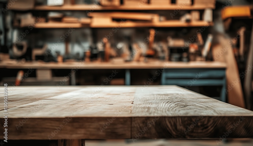 A wooden table in focus with an out-of-focus background of a woodworking shop A wooden table in focus with an out-of-focus background of a woodworking shop