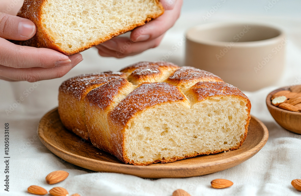 Homemade sweet bread with a golden crust and powdered sugar, served on a wooden plate with almonds and a cup of tea Homemade sweet bread with a golden crust and powdered sugar, served on a wooden plate with almonds and a cup of tea