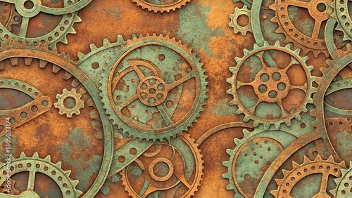 An intricate steampunk background featuring interlocking gears, cogs, and mechanical details in antique brass and copper tones.