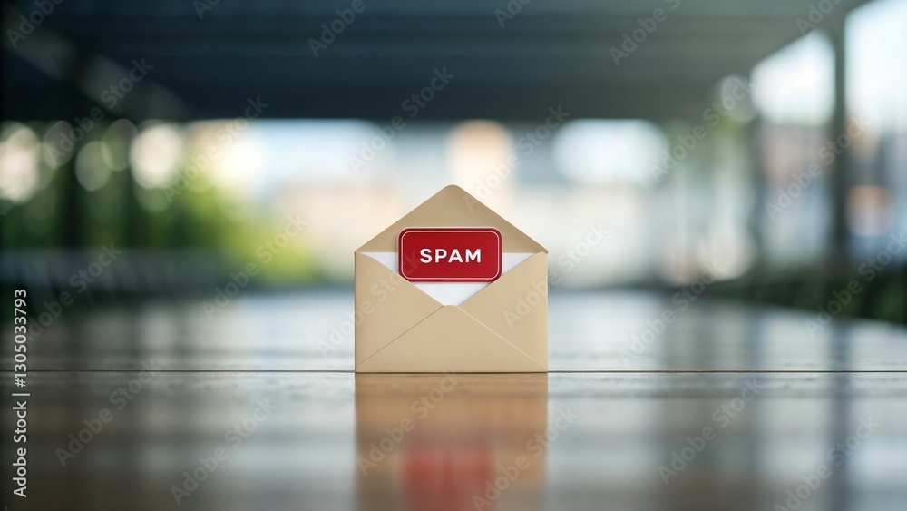 Fototapeta premium Spam email envelope on a wooden table with a blurred background