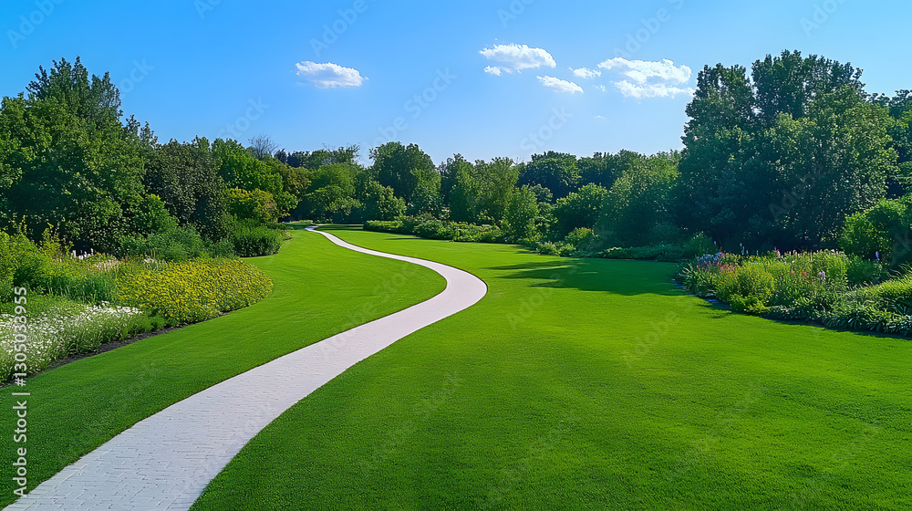 Naklejka premium A serene pathway winds through lush greenery under a clear blue sky, inviting peaceful walks and nature appreciation