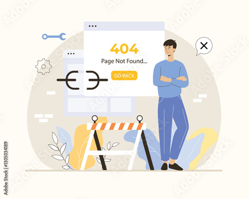 Broken link. Technical problems wrong and broken link and internet address. Page not found, 404 error. Flat vector illustration.
