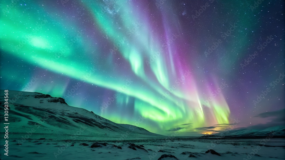 Naklejka premium A breathtaking aurora borealis dances across the night sky over a peaceful snowy mountain landscape, blending nature’s beauty with celestial magic.