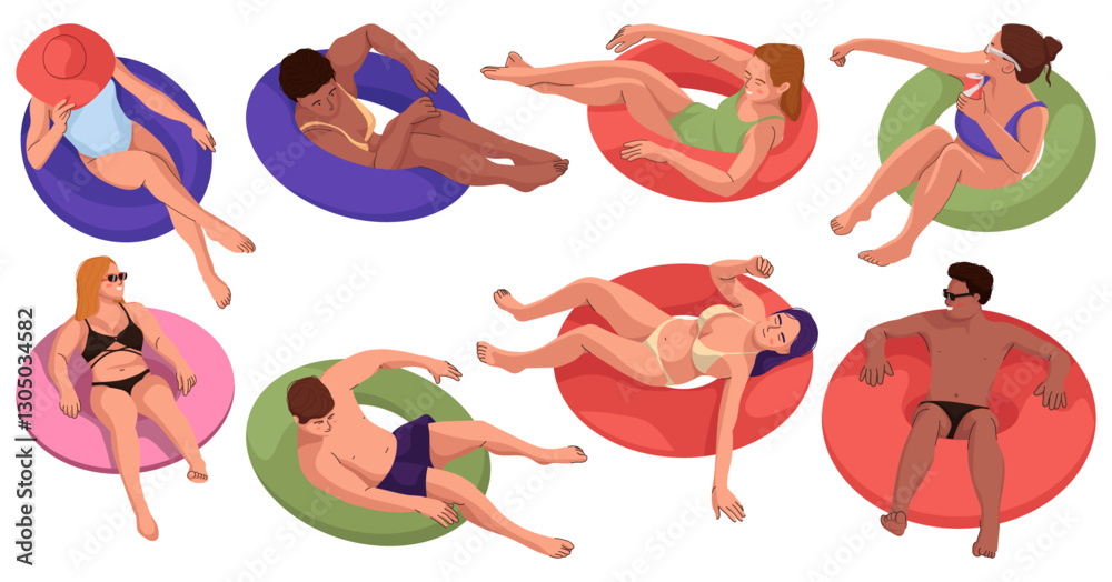 Obraz premium Set Of Boy And Girl Floating On Rubber Ring