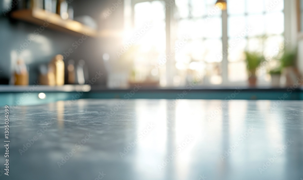 Kitchen Countertop with Blurred Window View and Sunlight Streaming in Kitchen Countertop with Blurred Window View and Sunlight Streaming in
