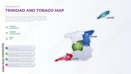 Total Area, Papulation, States & More Detailed Infographic Map of Trinidad and Tobago. Trinidad and Tobago country map infographic colored vector template with regions and pointer marks.