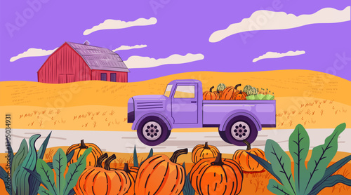 Purple truck carrying pumpkins farm scene autumn harvest orange pumpkins green leaves red barn yellow field purple sky