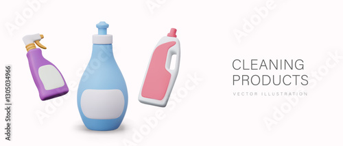 Cleaning products. Vector mockups of different types of plastic bottles with blank labels. Container with dispenser for liquid detergents. Vector color composition