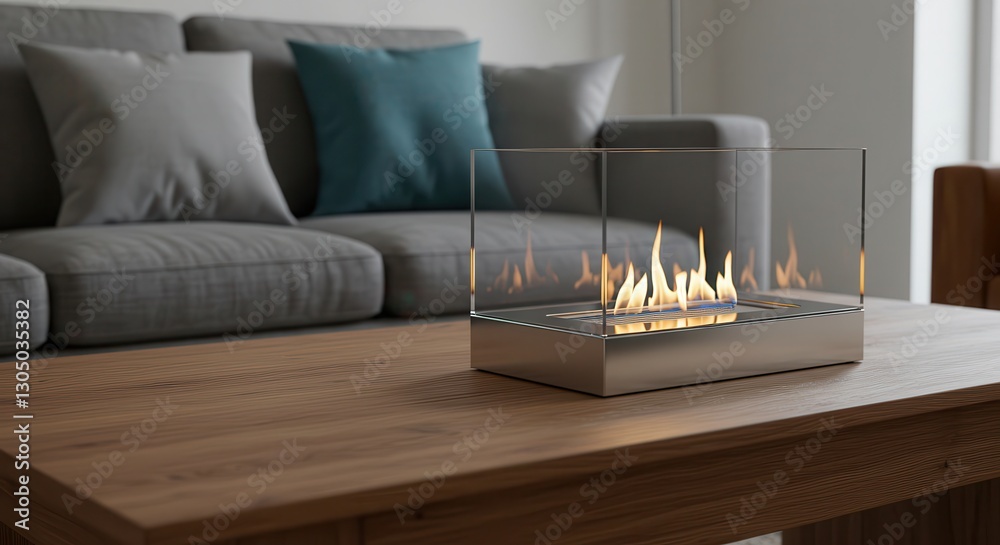 Fototapeta premium Bio Ethanol Fireplace Burning on Wood Coffee Table in Living Room