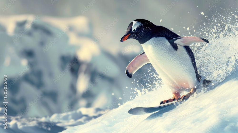 Fototapeta premium A penguin goes down a mountainside on a snowboard. The scene is lively and cheerful