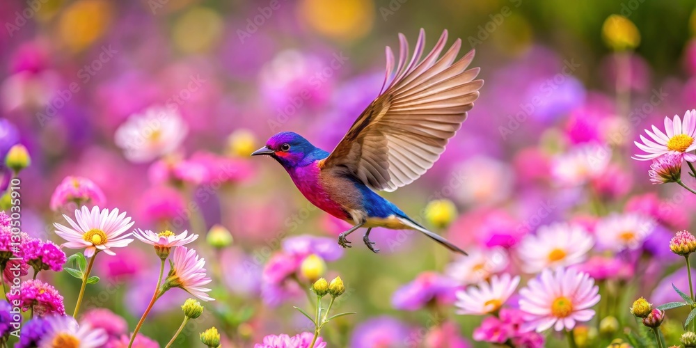 Fototapeta premium A vibrant bird in flight, wings spread wide, soars above a field of colorful blossoms, a breathtaking scene of nature's artistry