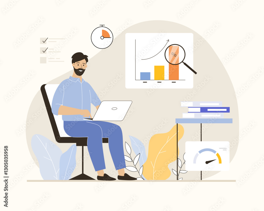 Benchmarking concept. Benchmark business development. Analysis financial statistics, data, graph, chart, report of a leader competitor's company. Flat vector illustration. Benchmarking concept. Benchmark business development. Analysis financial statistics, data, graph, chart, report of a leader competitor's company. Flat vector illustration.