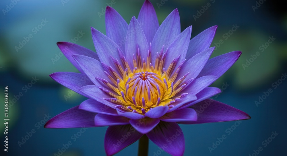 Blooming Purple Lotus Flower with Yellow Center on Dark Background Blooming Purple Lotus Flower with Yellow Center on Dark Background