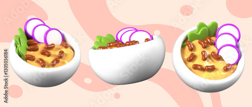 Realistic plate with Mexican soup. Hot dish with beans, radish, greens