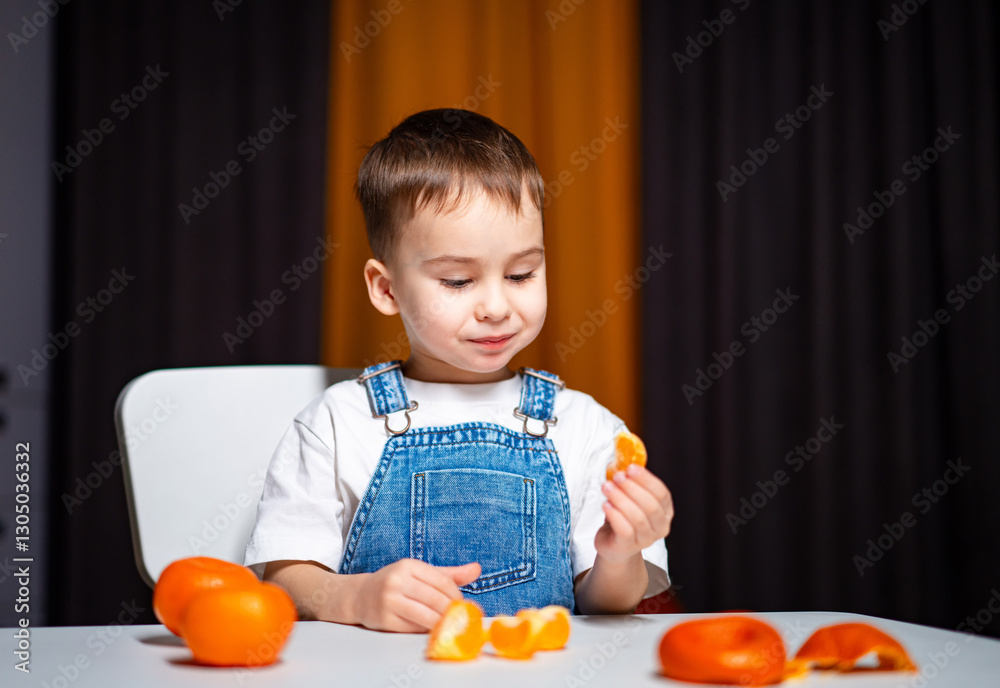 Young boy enjoys peeling oranges at home. A young boy in denim overalls sits at a table, happily peeling and examining oranges in a cozy indoor setting. Young boy enjoys peeling oranges at home. A young boy in denim overalls sits at a table, happily peeling and examining oranges in a cozy indoor setting.