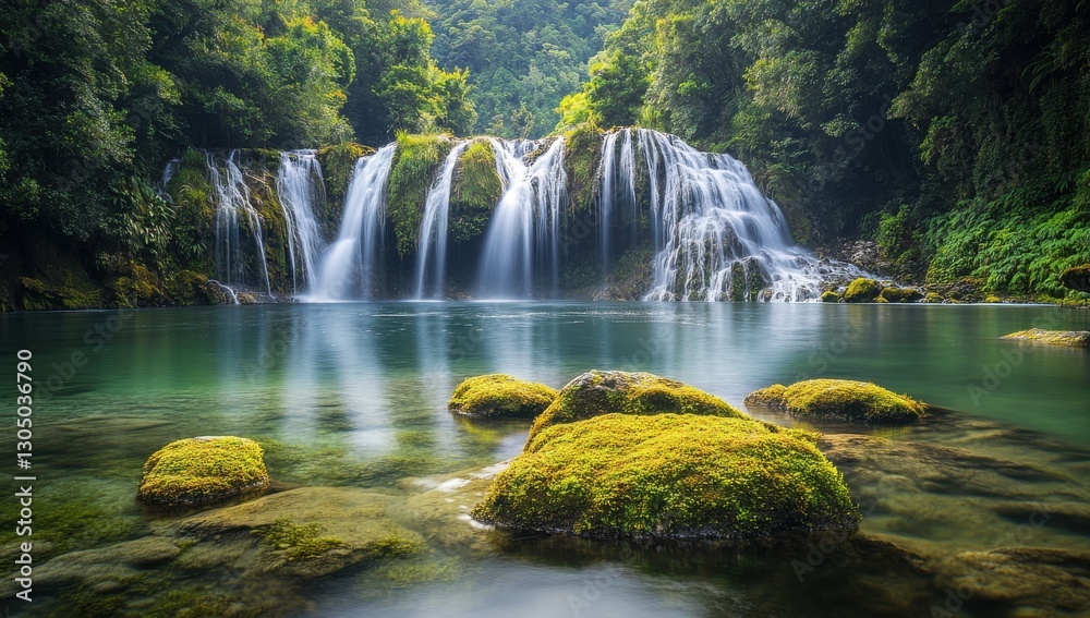 Obraz premium Serene Tropical Waterfall Cascading Into Clear Pool Surrounded by Lush Greenery and Mossy Rocks in Tranquil Nature Setting