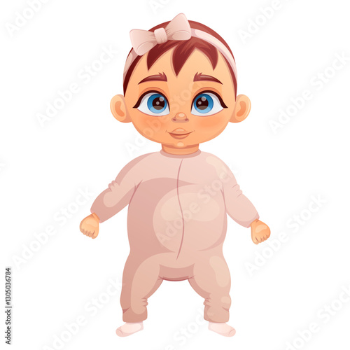 Adorable baby girl in beige bodysuit. Cute newborn cartoon vector illustration isolated on white background.