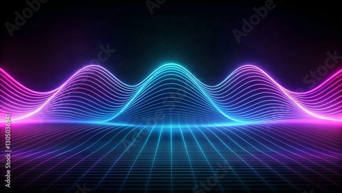 A futuristic digital landscape featuring a glowing grid with purple and blue energy waves, creating a modern, cyberpunk-inspired effect. Ideal for tech and digital themes.