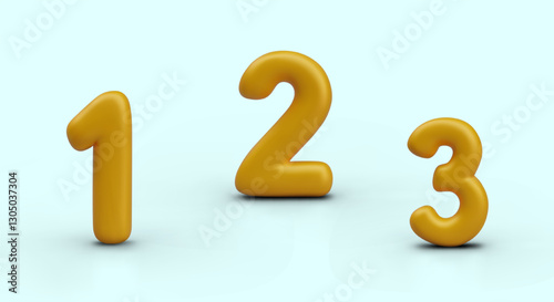 Set of first three numbers. Isolated 3D templates in holiday style. Golden elements with counting concept. 1, 2, 3. Models for holiday compositions, numbering, countdown