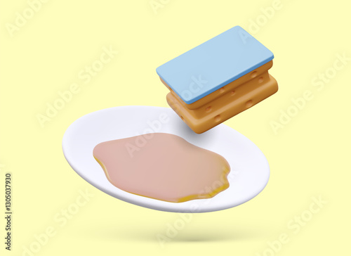 Concept of washing dishes by hand. Realistic dirty plate, kitchen sponge. Color vector composition. Service advertisement. Illustration for cleaning supplies store