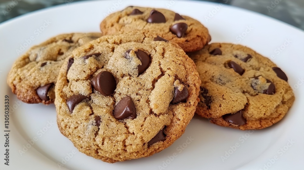 Freshly baked chocolate chip cookies arranged on a white plate, showcasing their chewy texture and rich chocolate morsels. Freshly baked chocolate chip cookies arranged on a white plate, showcasing their chewy texture and rich chocolate morsels.