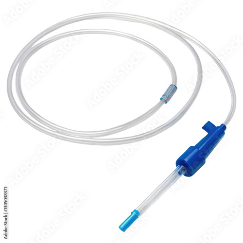 Catheter with a flexible transparent tube and a blue tip, isolated on a transparent background