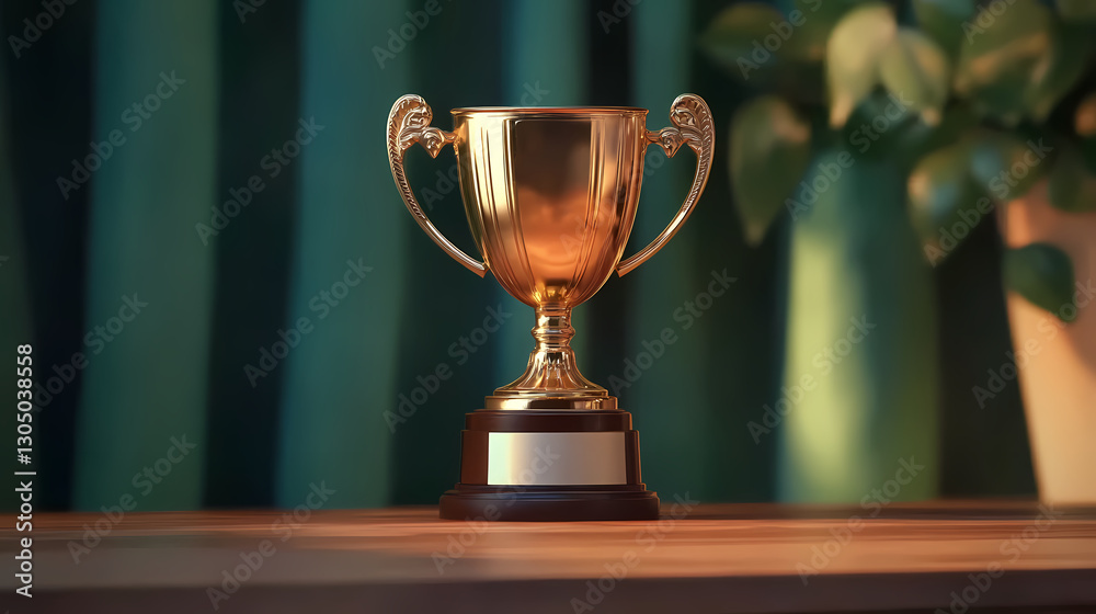 Golden Trophy on Wooden Table with Green Curtains