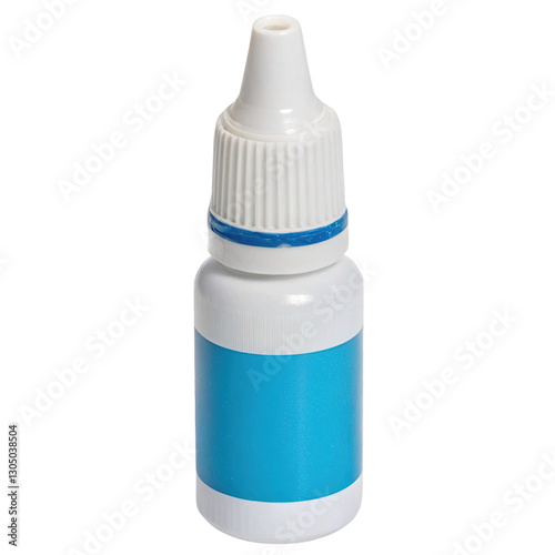 Eye drops in a white and blue plastic bottle, isolated on a transparent background