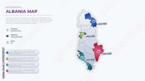 Total Area, Papulation, States & More Detailed Infographic Map of Albania. Albania country map infographic colored vector template with regions and pointer marks.