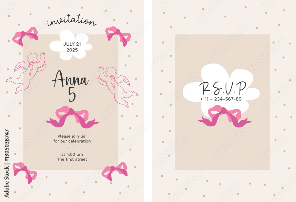 Baby invitation card for birthday party with coquette ribbon bows and angels hand drawn illustration. Flirtatous Vector girly invitation design template.
Baby invitation card for birthday party with coquette ribbon bows and angels hand drawn illustration. Flirtatous Vector girly invitation design template.