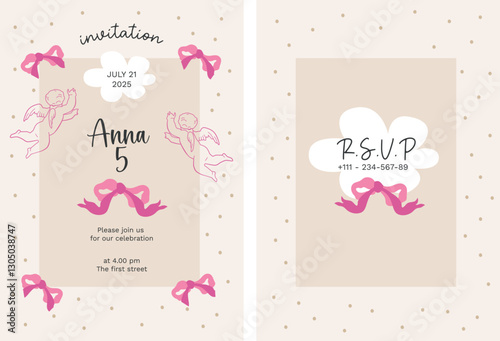 Baby invitation card for birthday party with coquette ribbon bows and angels hand drawn illustration. Flirtatous Vector girly invitation design template.
