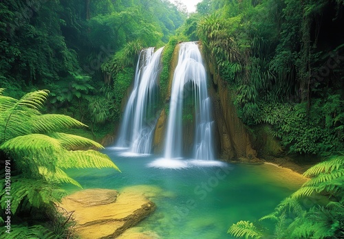 Serene Tropical Waterfall Cascading Over Lush Greenery Surrounded by Vibrant Foliage and Clear Pool in a Tranquil Jungle Setting