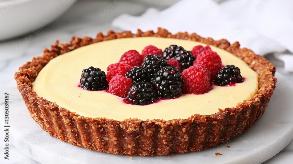 A creamy tart topped with fresh raspberries and blackberries, featuring a crunchy crust, perfect for dessert lovers. A creamy tart topped with fresh raspberries and blackberries, featuring a crunchy crust, perfect for dessert lovers.