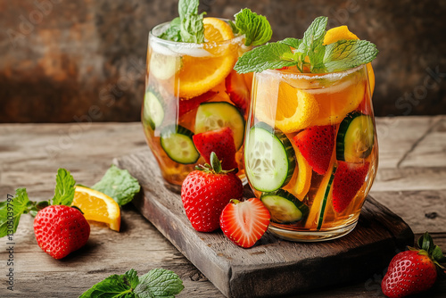 Traditional Pimms cocktail with lemonade, strawberries, cucumber, orange and mint 