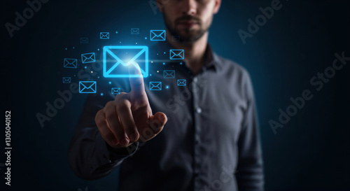 Email notification interaction concept. A person taps  a glowing floating digital interface display with email notification icons, concept for online communication. E-mail marketing. Copy space
