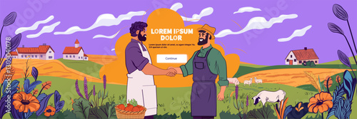 Farmers handshake rural cooperation concept. Two men in aprons shaking hands in a pastoral landscape with houses sheep and flowers under a purple sky. Web banner