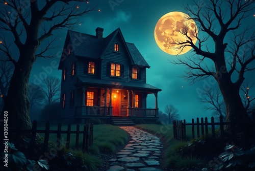 A spooky entrance to a haunted house with cobwebs and a full moon, entrance, creepy