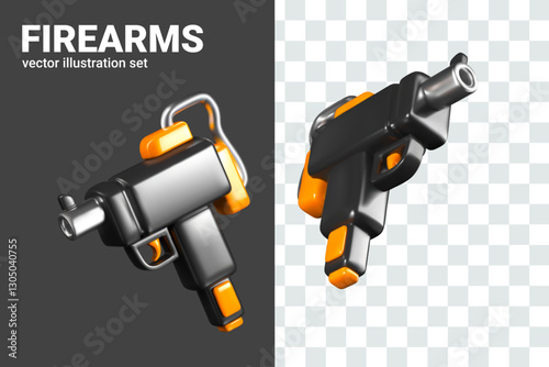 3D Uzi gun in different positions. Personal firearms. Elements for concepts of war
