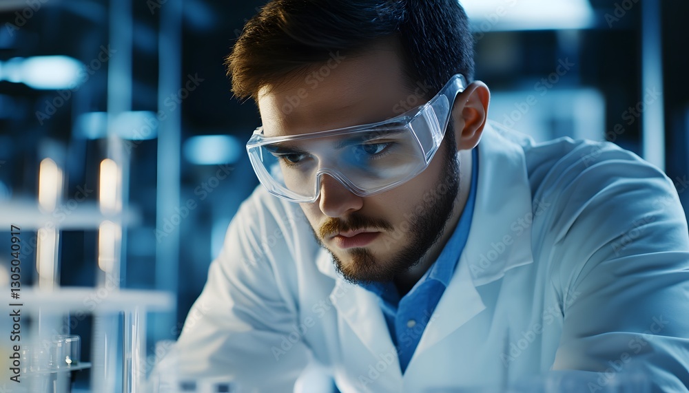 Focused Scientist in Lab Coat Examining Laboratory Equipment Focused Scientist in Lab Coat Examining Laboratory Equipment