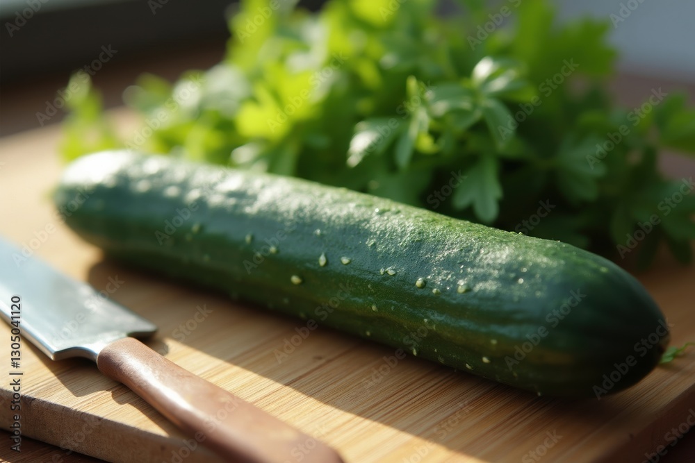 A Cucumber on a Cutting Board With a Knife Next to It - Generative AI A Cucumber on a Cutting Board With a Knife Next to It - Generative AI