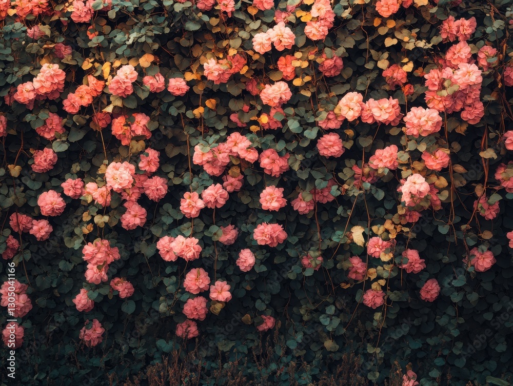 Lush Pink Roses Covering a Vibrant Green Wall in Full Bloom Lush Pink Roses Covering a Vibrant Green Wall in Full Bloom