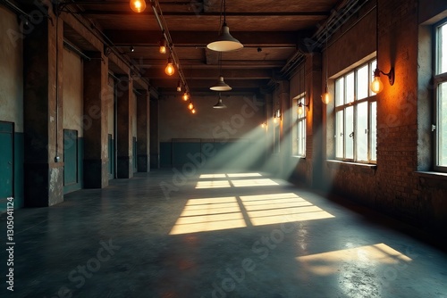 A vacant store with illuminated bulbs casting shadows on the floor, retail, floor